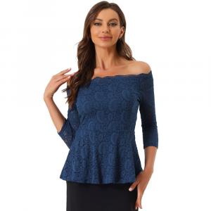 Элегантная кружевная блузка для женщин. Полупрозрачный топ с открытыми плечами и баской с рукавами 3/4. ALLEGRA K, цвет Dark Blue