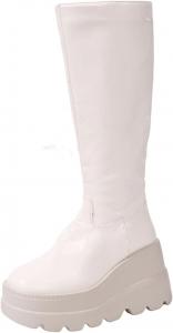 Модные женские ботинки до колена: с платформой на танкетке, массивным каблуком, круглым носком, боковой молнией, высокие носочные ботфорты в стиле панк и готик Generic, White