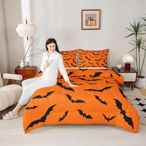 Erosebridal Комплект постельного белья Halloween с готическими летучими мышами, жуткий дизайн с силуэтами для детей и взрослых, Orange,black