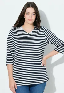 Полосатый топ с v-образным вырезом, рукавами 3/4 и длинными рукавами Ulla Popken, Marine