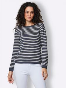 Свитер с круглым вырезом в дымчато-сине-бежевую полоску creation L