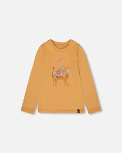 Органическая хлопковая футболка золотисто-желтая с кошкой Deux par Deux