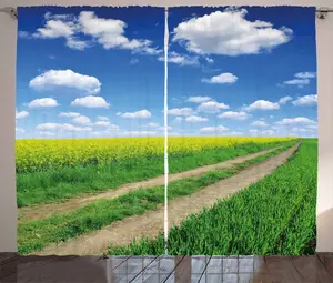 Штора ABAKUHAUS в деревенском стиле, рапсовое поле, универсальная ленточная штора для гостиной с петлями и крючками, 280 х 225 см, цвет белый, зеленый, синий Abakuhaus
