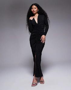 Платье макси с глубоким вырезом и длинными рукавами TFNC Petite, черное