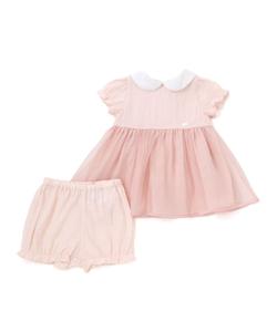 Комплект из платья-рубашки с воротничком из органзы и пышными рукавами, а также панталон для младенцев (70-90 см).