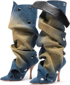 Женские ботинки на шпильке, высокие до колена, модные, с заклепками, съемные, высокие сапоги, сексуальные, с острым носком, с закрытым носком, молнией, с рюшами, повседневные, на высоком каблуке, длинные сапоги для Fravonkass, Denim