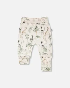 Брюки из органического хлопкового трикотажа Evolutive, бежевые, с принтом "зебра" Deux Par Deux