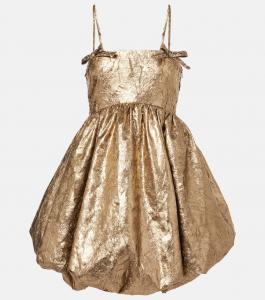 Мини-платье-баллон с металлическим принтом и бантом Ganni, золотой