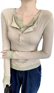 Полосатая футболка-двойка с длинным рукавом для женщин, осень, Slim Fit