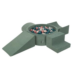 KiddyMoon Игровая площадка из пены с шариками лесно-зелёный: тёмно-бирюзовый-пастельный бежевый-зелёный-серо-лососевый бассейн 300/клин Л/рампа Л/полувалик Л/ступенька Игрушечная площадка
