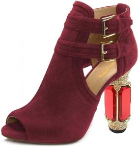 Женские ботильоны XYD с открытым носком, стильные туфли-лодочки с цилиндрическим кристаллическим каблуком и двумя пряжками, обувь для вечеринок и мероприятий, Wine