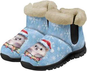 Зимние сапоги для женщин с противоскользящей подошвой, плотной подкладкой, теплые зимние ботинки для улицы, слипоны, короткие ботильоны Suhoaziia, Christmas Hedgehog Snowflake