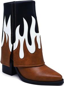 Generic Западные ковбойские сапоги, коричневая кожа, черный рисунок пламени, боковая застежка-молния, каблук-блок