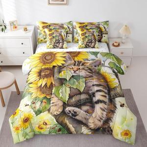 Erosebridal Комплект постельного белья Sunflower Funny Cat с желтым цветочным принтом и мультяшными котами, Yellow Green