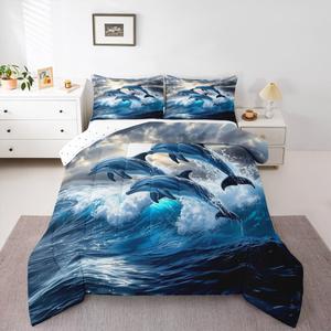 Erosebridal Комплект постельного белья Dolphin Comforter Set Sealife Creature с 3D принтом морских животных, синий, Sea Blue