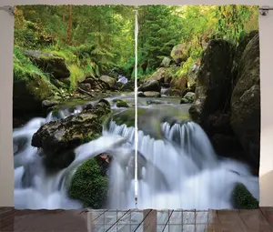 Шторы ABAKUHAUS Outdoor Rustic Curtain, Cascade National Park, для гостиной, универсальные, с петлями и крючками, 280 x 175 см, цвет "Папоротниковый зеленый" и темно-серый. Abakuhaus