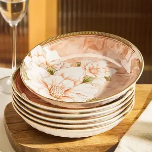 Ceramics Набор керамической посуды Camellia, рисовые тарелки и миски, бытовая подглазурная цветная посуда для микроволновки, лапшичные и суповые миски, круглые тарелки 20 см, набор из 2 предметов