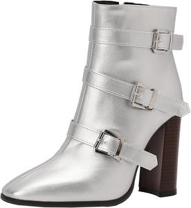 Женские ботильоны на массивном каблуке с боковой молнией и модным квадратным носком для повседневной одежды XIEPP, Silver