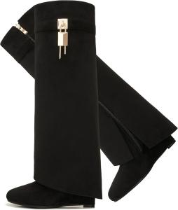 Сапоги с отворотом для женщин, острый носок, на танкетке, до колена, с боковой молнией и декоративным замком CDHYX, Black-Suede