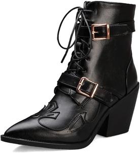 Женские ботильоны COMFASH с шнуровкой, пряжкой и массивным каблуком, ботинки в стиле милитари с блочным каблуком, Black