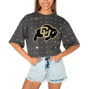 Женская серая футболка crop с принтом colorado buffaloes go time и стразами Gameday Couture