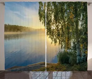 Шторы ABAKUHAUS Rustic Tree, Sunny Misty Lake Summer, универсальные ленточные шторы для гостиной с петлями и крючками, 280 x 245 см, цвет: папоротниково-зеленый, светло-голубой Abakuhaus