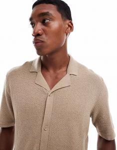 Трикотажная фактурная рубашка с воротником-стойкой JJ Rebel кремового цвета