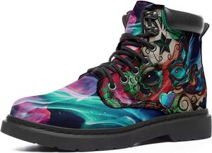 Женские Ботинки с Черепами и Цветами, Боевые Ботинки, Хиппи, Веганская Кожа, Классические Модные Ботильоны со Шнуровкой для Мужчин Coolcustomize, Devil'S Eyes