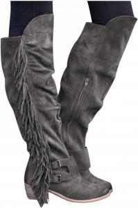 Женские сапоги Bcshiye до колена, повседневные, выше колена, ретро с кисточками, мокасины, квадратный низкий каблук, молния, западные длинные ботильоны