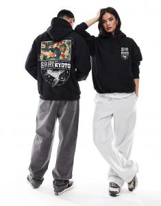 Капюшон с принтом Kyoto Koi Club спереди и сзади черного цвета