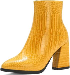 Женские ботильоны с острым носком на массивном высоком каблуке, с боковой молнией, в западном стиле, элегантные короткие ботинки JOEUSTY, Yellow-Velvet Lined