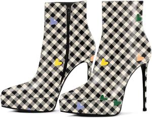 Женские ботильоны Tang'scuisins с заостренным носком, на шпильке с высокой платформой, молния сбоку, стильная обувь для вечеринок и коктейлей, размеры 4-16 US, Black And Beige Checkered Print
