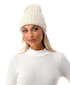 Женская уютная шапка эластичной вязки в рубчик с манжетами Marcus Adler, слоновая кость