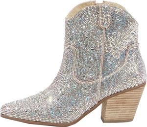 Женские вестерн-сапоги Arqa с кристаллами, массивным каблуком, блестками и молнией, модные ковбойские ботильоны, Nude