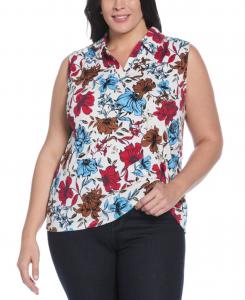 Футболка-поло с V-образным вырезом и принтом букета больших размеров Rafaella, Star white