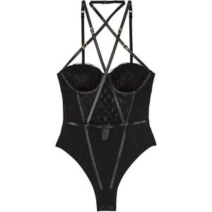 Victoria's Secret Очень сексуальный топ-боди с вышитым логотипом VS, балконет и отделкой из искусственной кожи, женский, черный