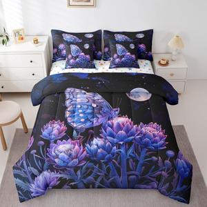 Erosebridal Комплект постельного белья 7Pcs Butterfly с этническим цветочным принтом, луной, шотландским чертополохом и звездами на ночном небе, Purple Black