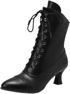Женские ботинки в винтажном стиле ренессанс, заостренный носок, массивный каблук, ботильоны до щиколотки с низким каблуком, на шнуровке с молнией Generic, Black
