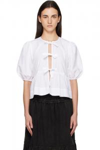 Ganni Белая хлопковая поплиновая блузка с баской и завязками