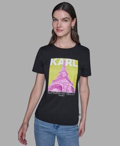 Женская футболка с коротким рукавом и принтом Эйфелевой башни KARL LAGERFELD PARIS, Black/Pink