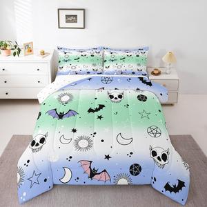 Erosebridal Комплект постельного белья Happy Halloween с принтом призраков, пауков, летучих мышей и черепов в сине-зеленом градиенте, Postel Green