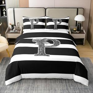 Erosebridal Комплект постельного белья Initial Letter P из 100% хлопка с принтом в стиле кавай с бантами и полосками, Black White P