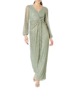 Платье Adrianna Papell Long Sleeve Crinkle Metallic Gown With Draped Waist Detail, Green Slate