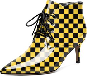 Женские ботильоны Eldof на низком каблуке 2,5 дюйма с заостренным носком, шнуровкой и удобные для прогулок, Patent Checkered Yellow