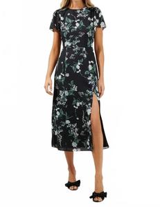 Платье миди Angelica с цветочным принтом и разрезом в черно-белом цвете Sugarlips, Black White