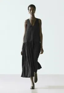 Струящееся плиссированное дневное платье миди Massimo Dutti, Black