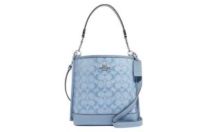 Сумка-ведро Mollie из кожи коровы с текстильными вставками, женская ручная, плечевая, через плечо, светло-голубая COACH