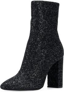 Женские ботильоны XYD с блестками, низким устойчивым каблуком, круглым носком и молнией, Glitter-Black 3.15"