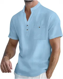 Мужская летняя льняная рубашка-поло с карманами