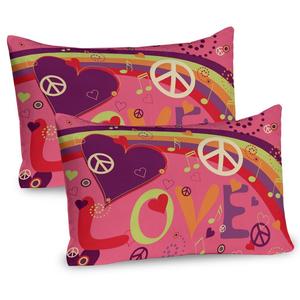 ABAKUHAUS 1970 Чехлы для подушек, набор из 2 шт., «Дорогой мир и сердца на бледно-розовом фоне», ретро-движение, композиция «Хиппи», чехол для подушки с декоративным принтом, 80x40 см, многоцветный
